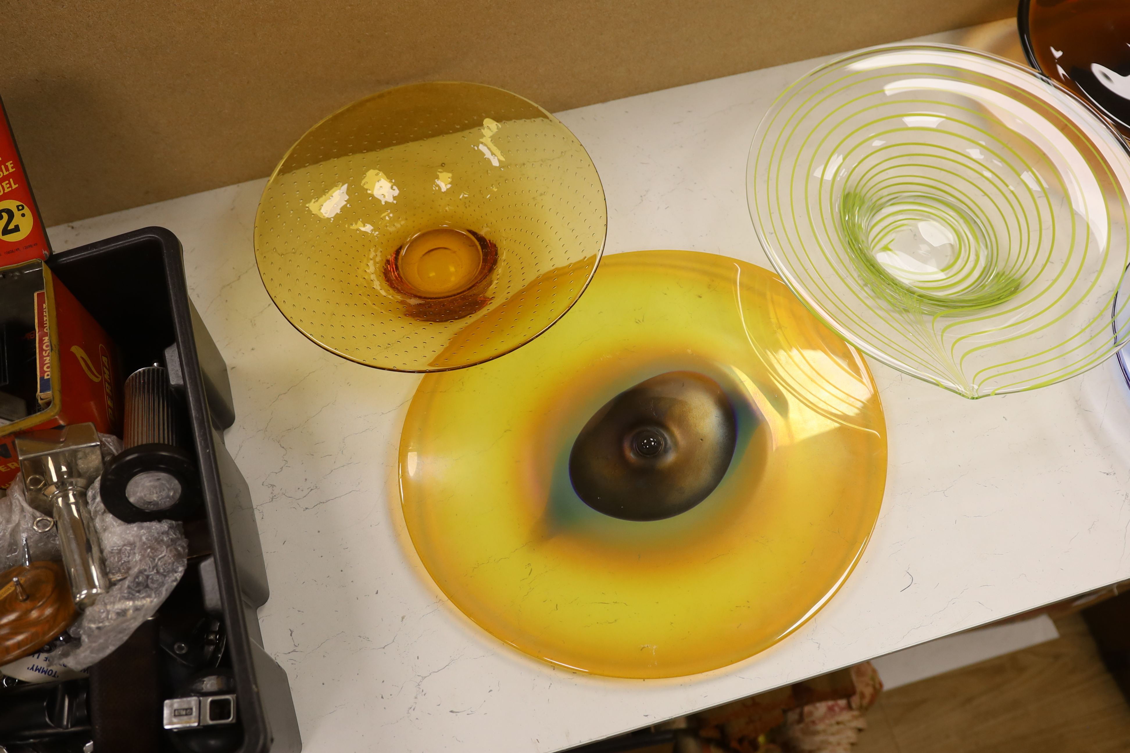 Five large studio coloured glass dishes, largest 42cm